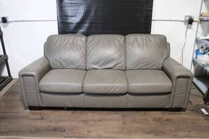 lot 84 image: Gray Leather 3-Seat Sofa with Padded Arms