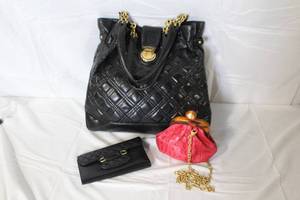 Brahmin Black Handbag, Red Chain Purse, and Black Wallet Set