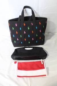 lot 97 image: Set of 3 Tote and Cosmetic Bags including Polo Multicolor Tote