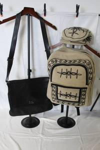 lot 98 image: Set of 2 Shoulder Bags Including Embroidered Canvas Backpack and Black Leather Messenger Bag