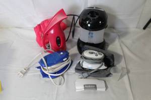 lot 103 image: Lot of Travel Irons, Steamer, and LED Lantern