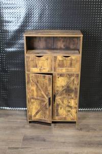 lot 120 image: Rustic Brown Wood Storage Cabinet with Drawers and Shelves