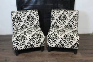 lot 121 image: Pair of Black and White Damask Upholstered Accent Chairs