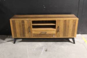 lot 128 image: Modern Wood Media Console with Storage and Black Legs
