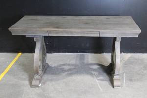 lot 140 image: Wooden Writing Desk with Ornate Pedestal Legs and Center Drawer