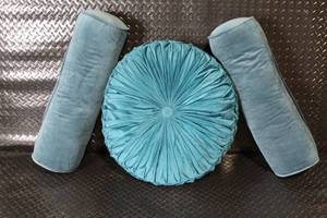 lot 150 image: Set of 3 Blue Velvet Throw Pillows - 2 Bolsters and 1 Round Pleated