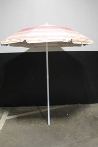 lot 151 image: Striped Outdoor Beach Umbrella with Ground Anchor