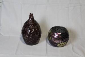lot 167 image: Pair of Decorative Vases - Floral Embossed Ceramic and Mosaic Glass