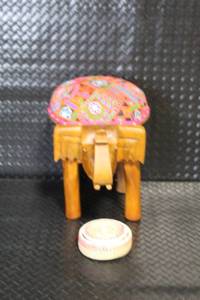 lot 174 image: Decorative Wooden Elephant Stool with Embroidered Cushion and Woven Trinket Box