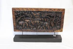 lot 187 image: Hand-Carved Wooden Elephant Relief Artwork on Stand