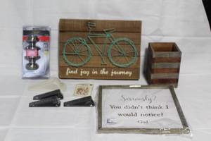 lot 189 image: Mixed Home Decor and Utility Lot with Wall Art, Door Knob, and Accessories