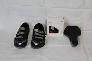 lot 193 image: Shimano SPD Cycling Shoes Size 43, Bontrager Elite Pedals, and Bicycle Saddle Set