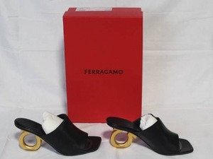 Ferragamo Black Mule Heeled Sandals with Gold Accent Size 8.5 with Box