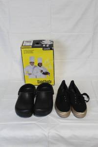 lot 204 image: Unisex TredSafe Slip Resistant Clogs Size 8 and Keds Black Canvas Shoes Size 10