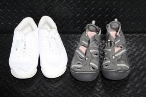 lot 209 image: Reebok Classic White Sneakers Size 7.5 and J Sport Gray Sandals Size 9.5M