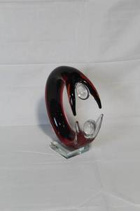 lot 213 image: Goc Art Glass Abstract Sculpture with Red and Black Swirl Design