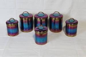 lot 220 image: Set of 6 Iridescent Stainless Steel Kitchen Canisters with Lids