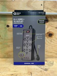 lot 39 image: Commercial Electric 6 ft. 12-Outlet Black Surge Protector with USB