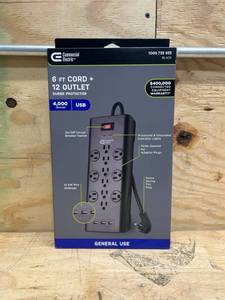 lot 41 image: Commercial Electric 6 ft. 12-Outlet Black Surge Protector with USB