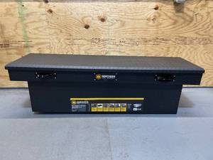 lot 159 image: Northern Tool Deep Crossover Truck Tool Box with Removable Tray, Aluminum, Textured Matte Black, Pull Handle Latches, 69in. x 20in. x 19in., Model# 36212728 (Dented)