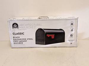 lot 32 image: NEW ARCHITECTURAL MAILBOXES CLASSIC BLACK GALVANIZED STEEL POST MOUNT MAILBOX