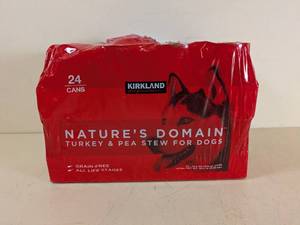 lot 146 image: KIRKLAND SIGNATURE NATURES DOMAIN TURKEY & PEA STEW FOR DOGS 24PK.