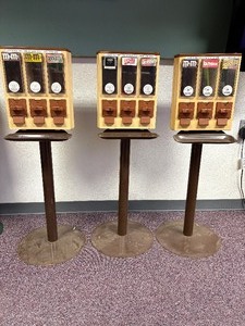 lot 84 image: 3 Pc Lot 3 TanBrown Plastic Candy Dispensors with Metal Stands - No Keys