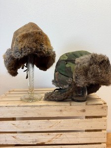 lot 42 image: 2 Pc Lot WWII Era Leather Bomber Hat with Quilt Lining and Rabbit Fur Trim and Newer Camo with Rabbit Trim Mad Bomber XL Hat