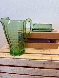 lot 48 image: 2 Pc Lot Anchor Hocking Block Optic Green Glass pitcher & Hazel-Atlas Green Depression Glass Butter Dish