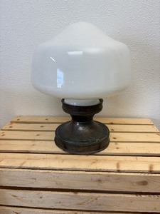 lot 60 image: 2 Pc Lot Antique School House (out of St Johns Wahpeton) Milk Glass Acorn Globe Light WITH Copper Fixture