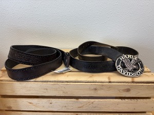 lot 63 image: 2Pc Lot Vintage Well Worn In Harley Davidson Size 44 Brown Leather Belt with Heavy HD Eagle Belt Buckle #97635-05V & New wTag Size 44 HD Brown Woven Leather Belt