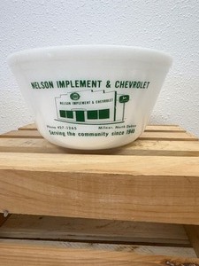 lot 71 image: Mid-Century 8 Federal Milk Glass Bowl With Advertizement Nelson Implement & Chevrolet Milnor, ND Since 1948