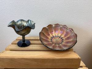 lot 5 image: Lot of 2 Fenton Carnival Glass Pieces 6.5 Ribbon Ribbed Amethyst Peacock Tail Bowl & 4 Ribbon Peacock & Urn Cobalt Blue Compote