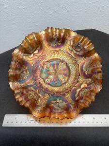 lot 9 image: Rare 8.5 Fenton Dragon & Lotus Iridescent Marigold Including All Three Edge Styles Scalloped, 3 Pinch & Ribbon