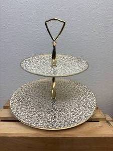 lot 10 image: 2 Tier Handy Karoline 22K Gold California Made Karolyte Top Handled Serving Tray
