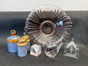lot 11 image: Lot of 7 3 pc. Noritake Hand painted Lusterware Sugar Cup w Lid & Spoon, Salt & Pepper Shakers, 2 Crystal Church, 1 Laser Etched Ocean Scene Lucite, 2 1970s Eneryda Sweden Glass Bird and an 8 Pink Anchor Hocking Old Caf Dish