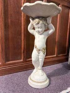 lot 12 image: 2.5 Concrete Cherub Putti Pedestal & Planter, also known as an antique angel pedestal stand. These are amazingly hard to come by and the condition is very good.