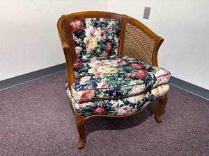 lot 17 image: 1950s Vintage French Provincial Caned Barrel Chair with Floral Upholstered Seat - Excellent Condition 29H x 27W x 27 Deep