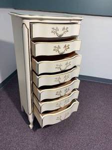 lot 18 image: Late 19th Century Louis XV Style French Provincial Lingerie 7 Drawer Dresser in Ivory With Gold Detailing 21W x 14D x 48H