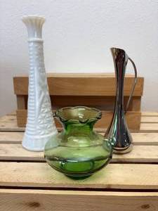 lot 29 image: 3 Single Flower Vases, Milk Glass, Green Glass & Silver Plated