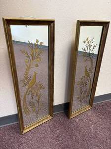 lot 49 image: Pair 32 x 12 Art Deco 1920s Mirrored Peacock Gilded Frames