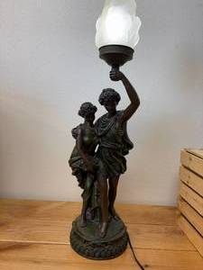 Art Deco Style Bronze Effect Athena & Appollo Figural Table Lamp with Frosted Glass Flame Shaped Shade