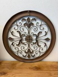 lot 55 image: 2 Diameter Circular Fleur De Lis Scroll Metal Hanging