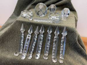 lot 69 image: (21) Antique Lead Crystal Prisms & Facets (8) 6 Lead Crystal Cut Spear Prisms with (8) 1 Lead Crystal Octagonal Double Bevel Jewels (5) Lead Crystal Large Cut Facets