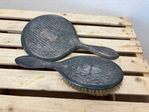 lot 87 image: Early 1900s Silver Plated Hair Brush and Hand Mirror w Beveled Glass - Heavy Weight and Not Monogramed