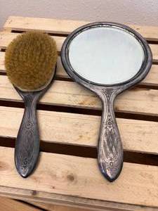 lot 87 image: Early 1900s Silver Plated Hair Brush and Hand Mirror w Beveled Glass - Heavy Weight and Not Monogramed