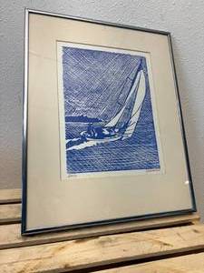 lot 89 image: J.R. Brown Linocut Etching Print Sail Signed and Professionally Framed 15 x 12 - Signed