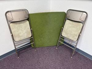 lot 97 image: Older Good Condition Folding Table and (2) Folding Chairs