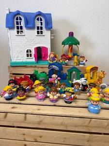 lot 99 image: Late 90s Fisher-Price Little People House, Carnival Games & Ride, Fire Truck & Tractor and (22) Little People & Animals