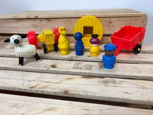 lot 101 image: Vintage Fisher Price Little People Sesame Street Pieces Big Bird, Franklin, Grover, Tractor & Cart, Sheep, Mailman & Playground Toy